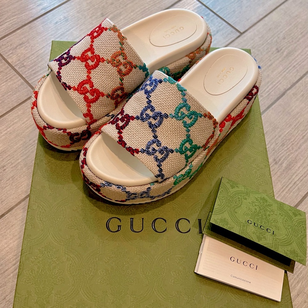 Gucci Angelina Psychedelic Multicolor Platform Slides Size 36.5